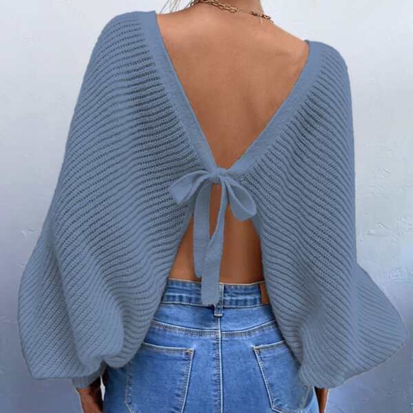 Cozy Green Open Back Knit Sweater Top Minimalist - Picture 5 of 13